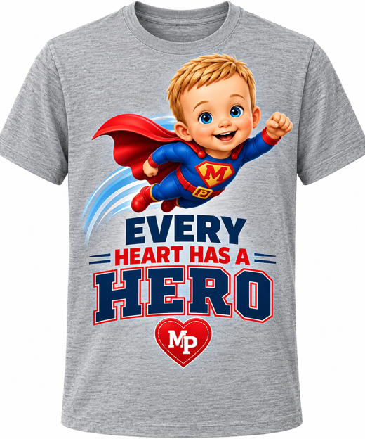 Grey t-shirt printed with a caped cartoon superhero baby and the words Every Heart Has a Hero above a red MP heart logo