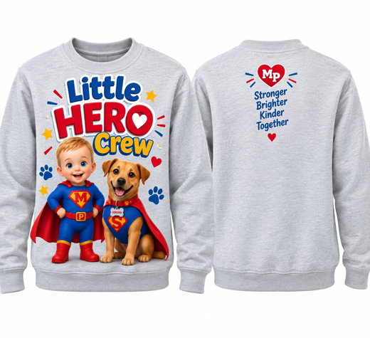 Front and back views of the gray Little Hero Crew youth sweatshirt