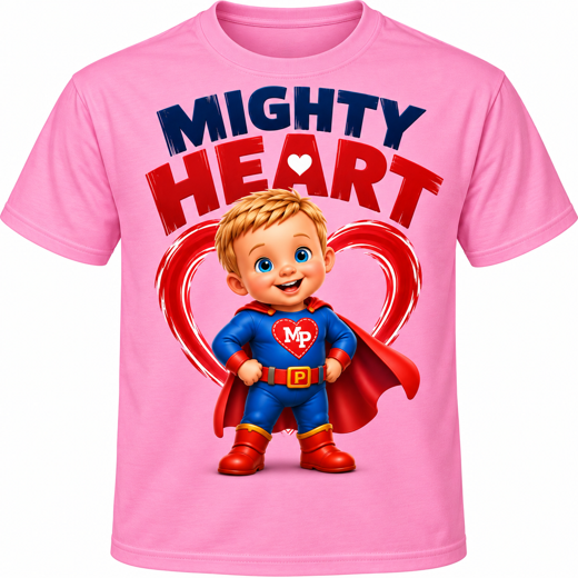 Pink Mighty Heart t-shirt featuring a young superhero inside a red heart beneath navy and red Mighty Heart lettering
