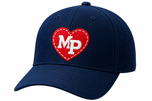 Navy cap embroidered with a red heart-shaped MP patch