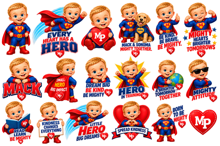 Mighty Mack sticker collection featuring superhero characters, kind and brave messages, and red MP heart emblems