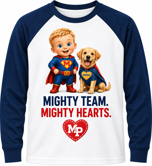 Navy-and-white long-sleeve raglan featuring Mighty Mack and Sonoma in superhero costumes with the words Mighty Team, Mighty Hearts