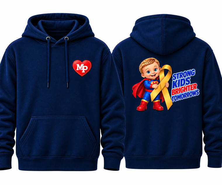 Front and back of a navy hoodie with an MP heart on the chest and a superhero child holding a gold awareness ribbon beside the words Strong Kids Brighter Tomorrows