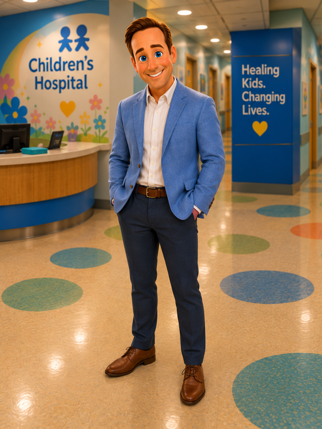 Illustration of Chad, Mack's dad, smiling in a blue blazer in a children's hospital lobby