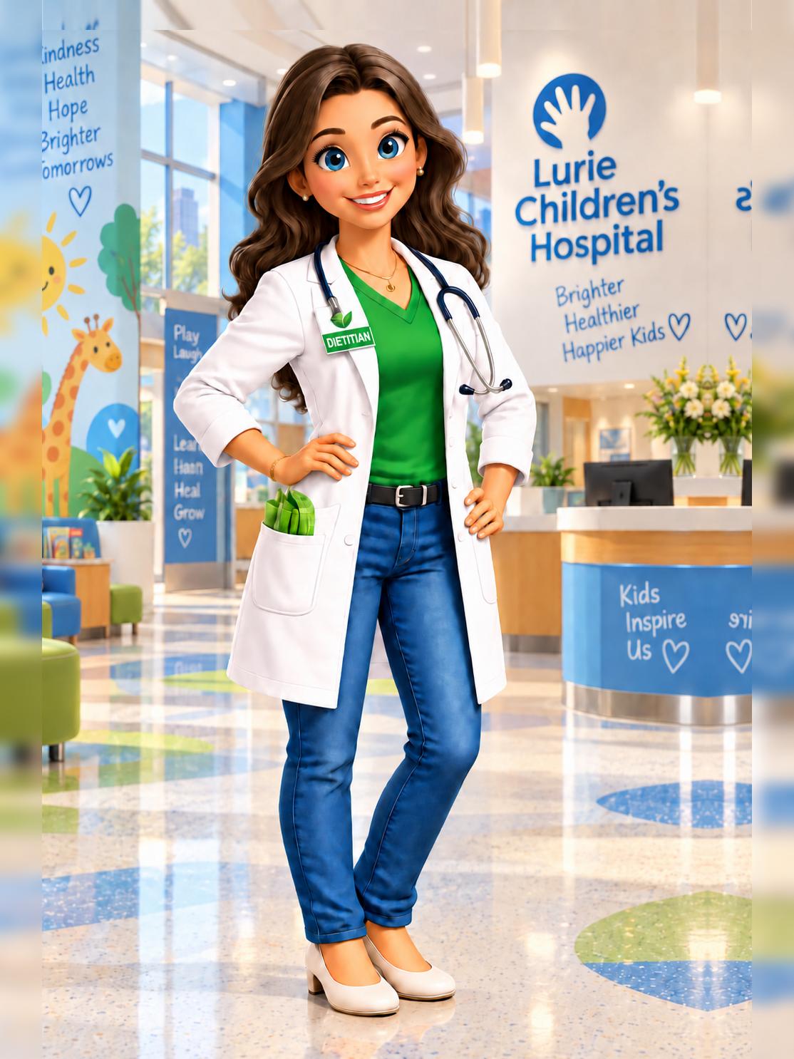 Cartoon illustration of a smiling dietitian with long brown hair, a green top, and a white coat with a 'DIETITIAN' badge