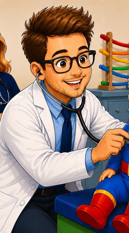 Cartoon illustration of a smiling young doctor with brown hair, glasses, and a white coat, holding a stethoscope