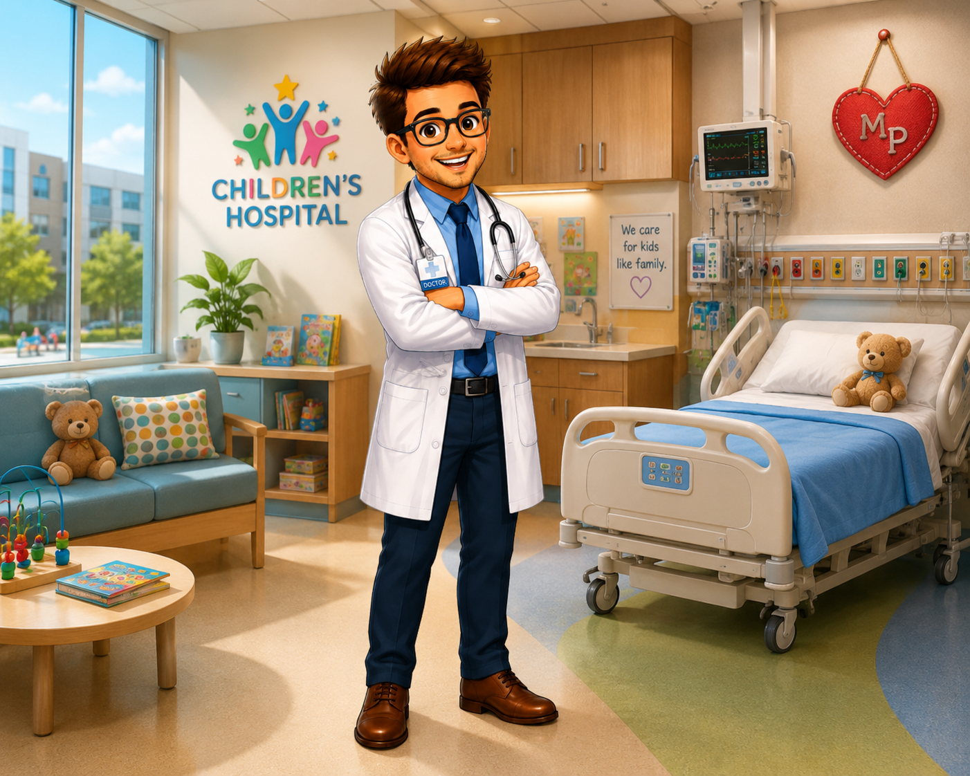 Cartoon illustration of a smiling young doctor with brown hair, glasses, and a white coat, holding a stethoscope