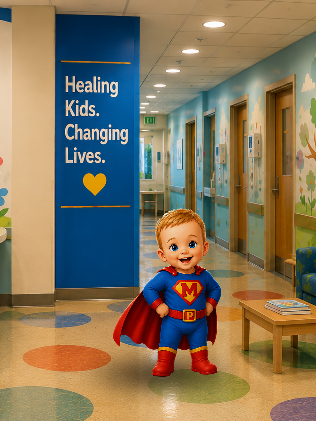 Illustrated Mighty Mack smiling in his blue superhero suit and red cape, standing in a children's hospital hallway