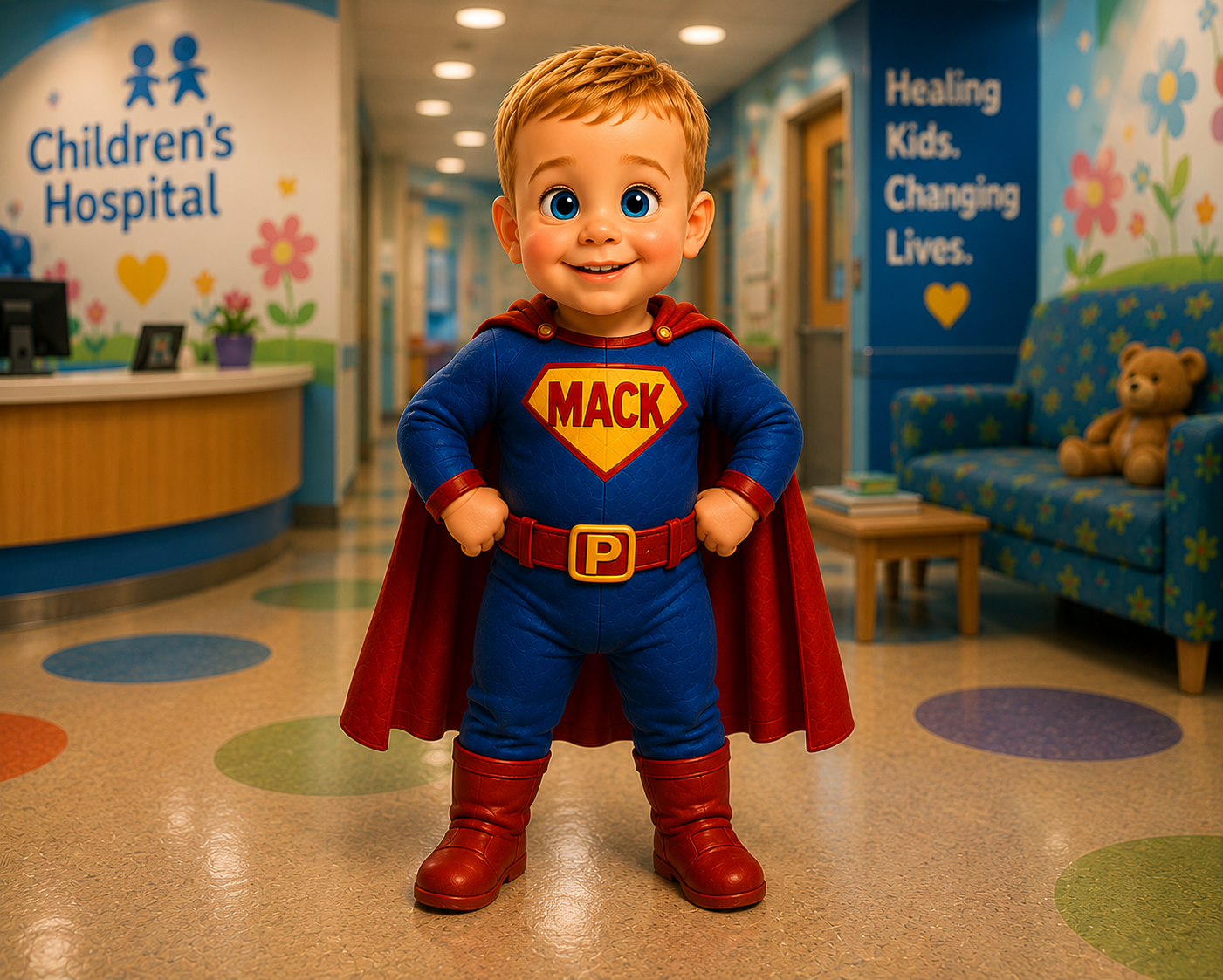 Mack smiling in a Mighty Mack superhero shirt and red cape