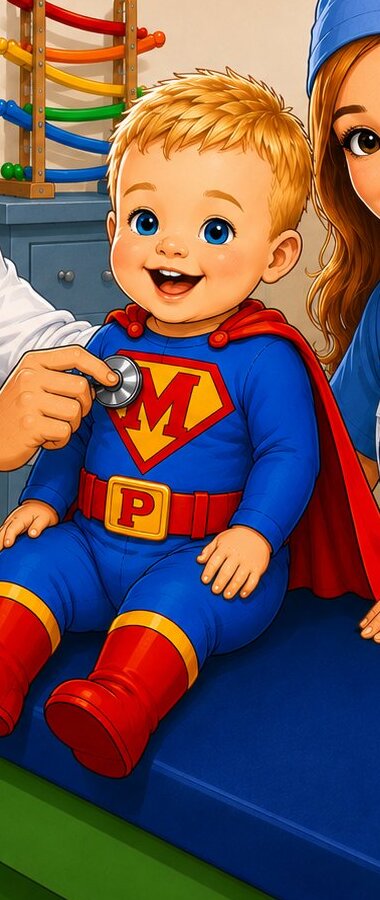 Cartoon illustration of Mack, a happy 1-year-old in a blue superhero suit with red cape and yellow M emblem