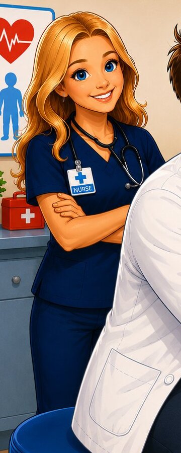 Cartoon illustration of a smiling blonde nurse in navy scrubs with a stethoscope and a 'NURSE' badge
