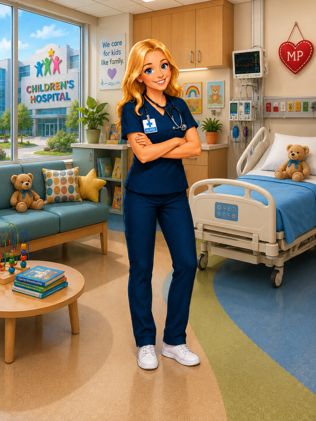 Cartoon illustration of a smiling blonde nurse in navy scrubs with a stethoscope and a 'NURSE' badge
