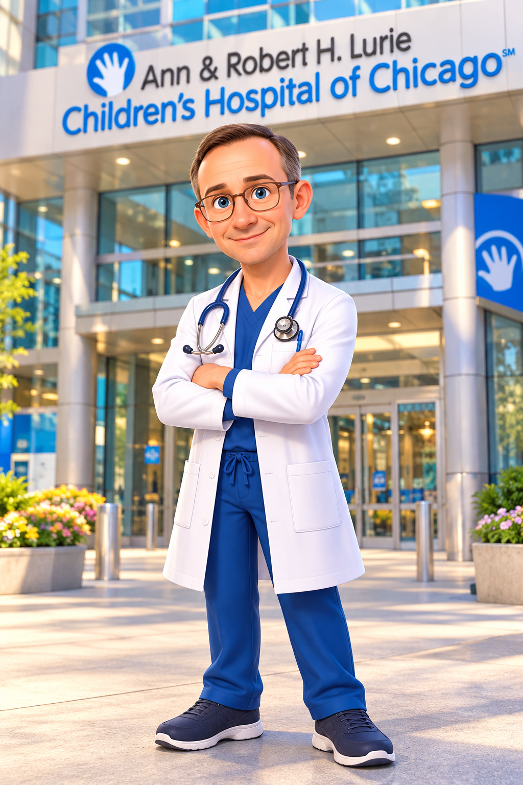 Illustration of a smiling surgeon in blue scrubs and a white coat outside Lurie Children's Hospital