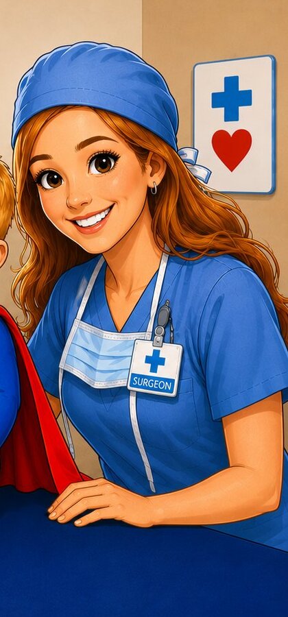 Cartoon illustration of a smiling red-haired surgeon in blue scrubs and surgical cap with a 'SURGEON' badge