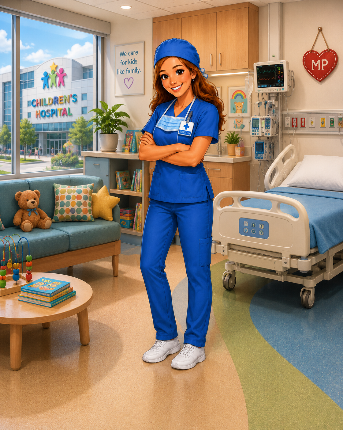 Cartoon illustration of a smiling surgeon in blue scrubs and surgical cap