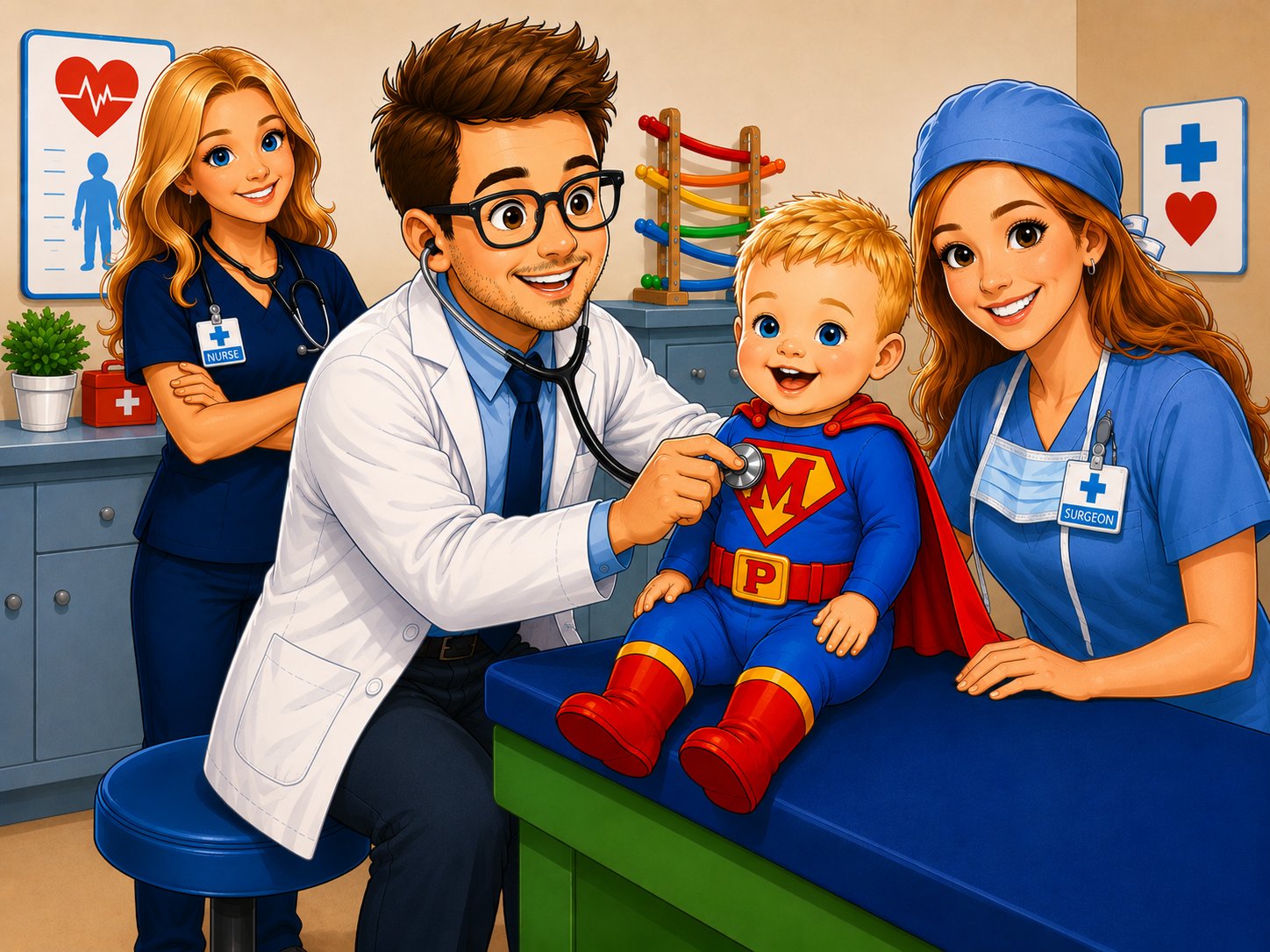 The Mighty Mack cartoon cast — Mack with his doctor, nurse, and surgeon team