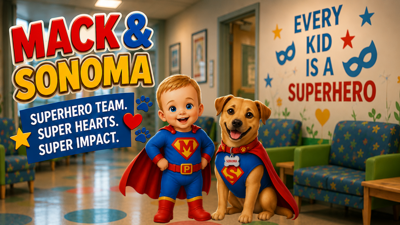 Mack and Sonoma dressed as superheroes in a children's hospital