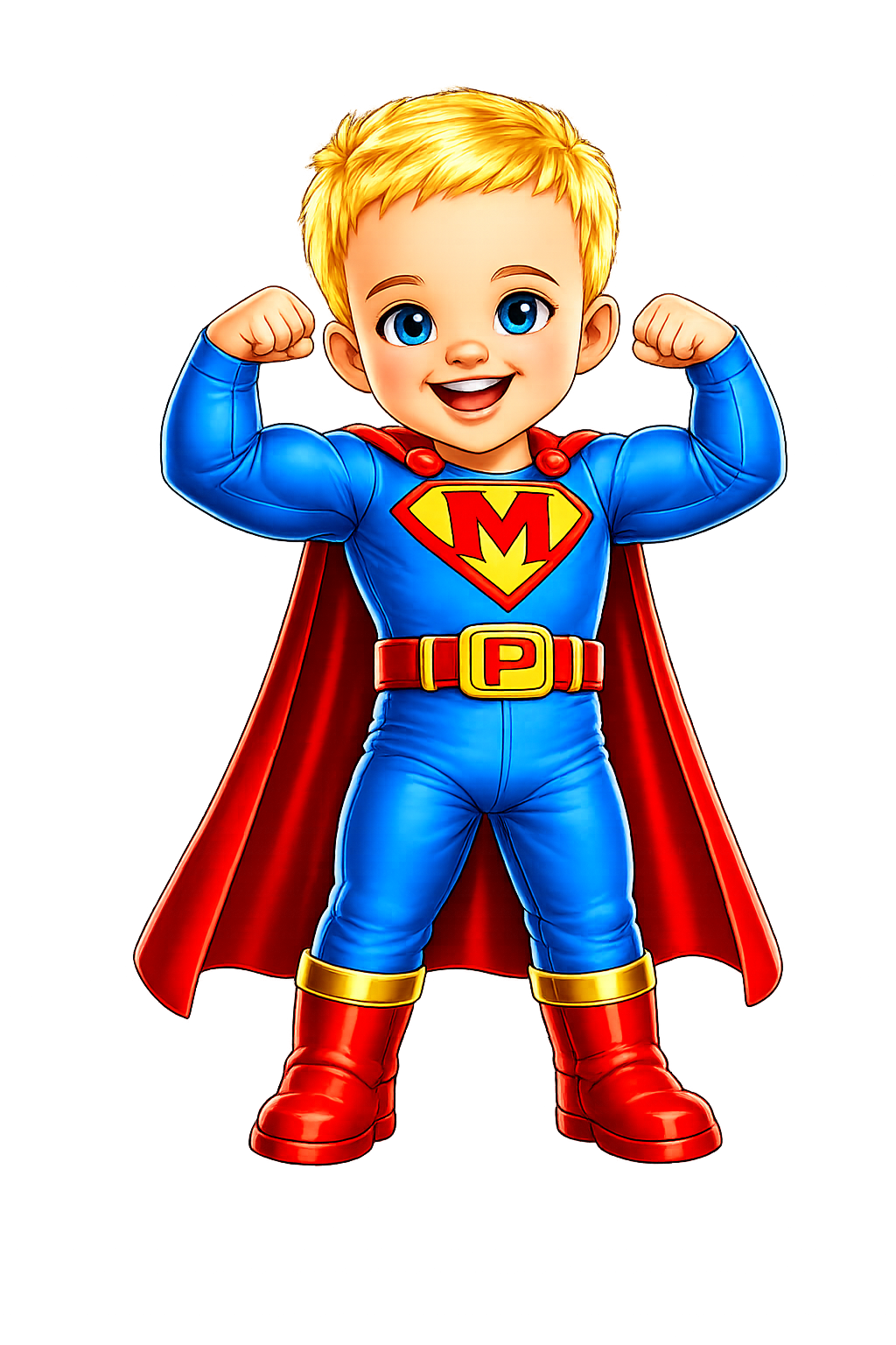 Mighty Mack flexing — a toddler superhero in a blue suit with red cape and gold M emblem
