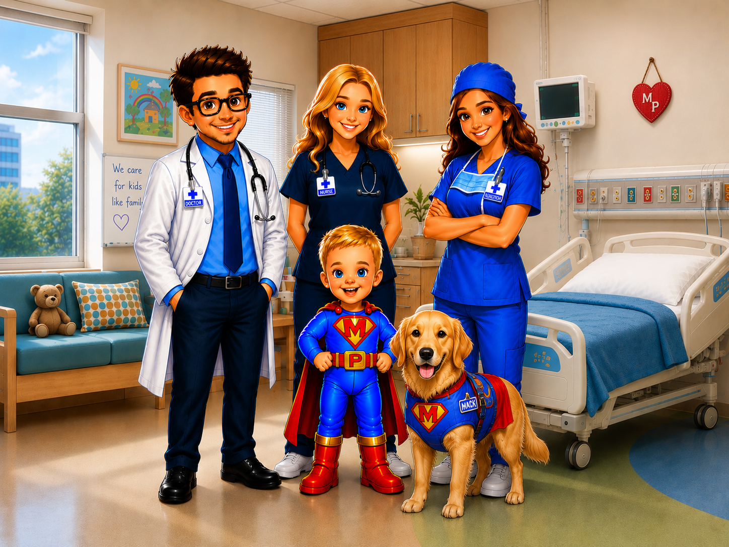 Cartoon illustration of Mack as a superhero toddler in a blue suit with a red cape and MP emblem, standing with his care team and a golden retriever in a hospital room