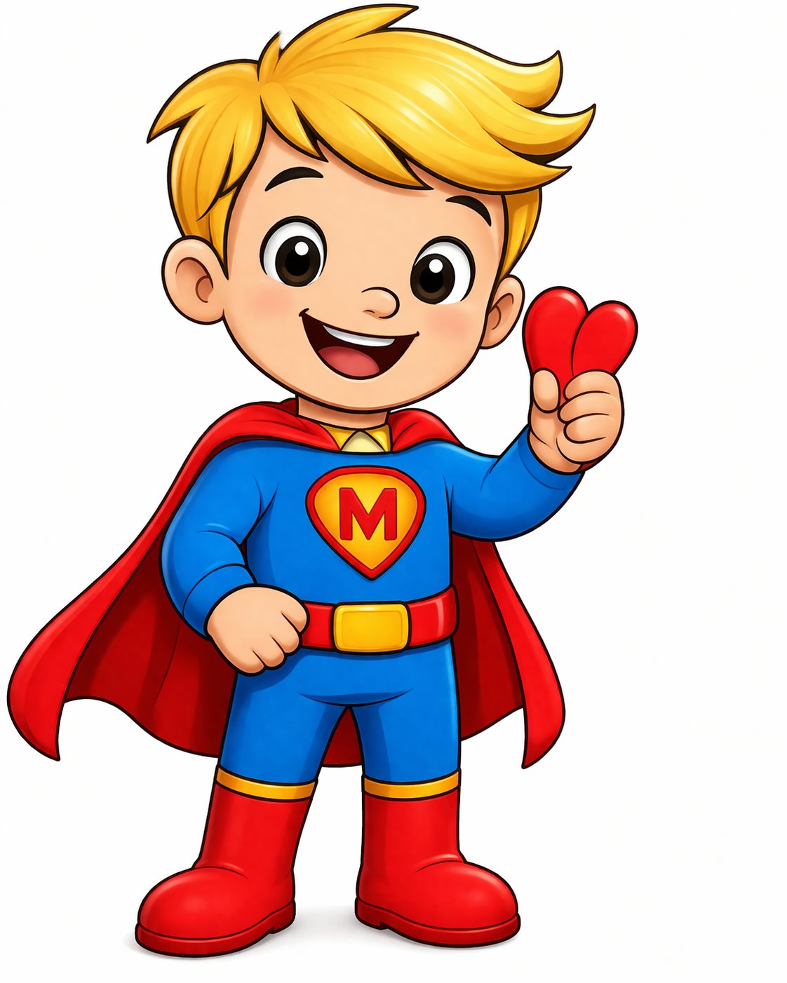 Cartoon illustration of Mack, a blond superhero boy in a blue suit with a red cape and an M emblem on his chest, holding up a small red heart